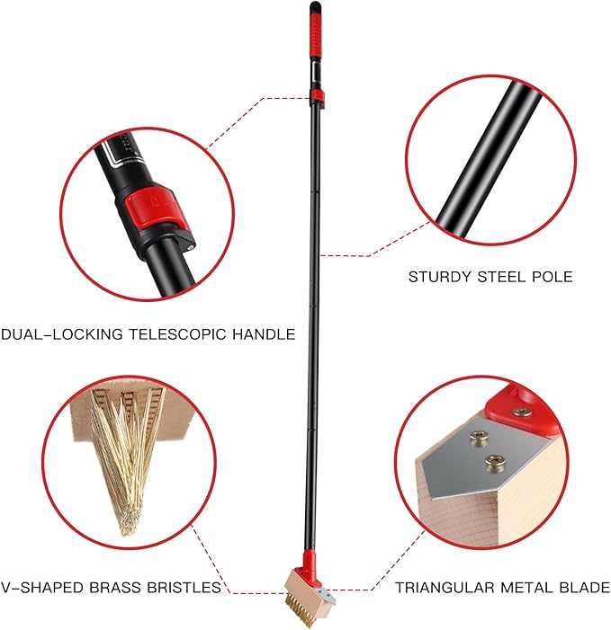 Moss Remove Brush with Long Handle(53IN), Deck Crevice Cleaning Tool, Weed Remover with Wire Brush & Metal Blade, Crack Moss Remover for Pavement Driveway Patio Sidewalk Paver(3 Brush Heads)