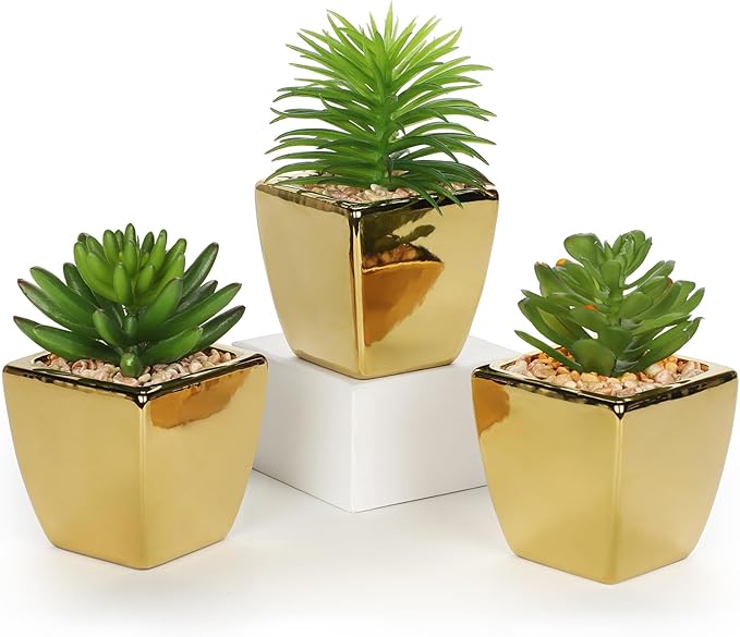 Hollyone Small Succulents Artificial 3 Pcs Faux Succulents with Gold Pots Mini Fake Succulent Plants Indoor Plant Ceramic Pots for Modern Office Desk Bathroom Shelf Living Room Home Decor