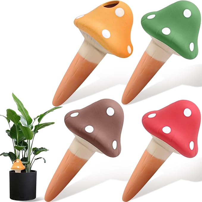 4PCS Terracotta Self Watering Spikes, Mushroom Shaped Self Watering Globes, Slow Release Self Watering Planter Insert, Plant Watering Globes for Indoor and Outdoor Plants