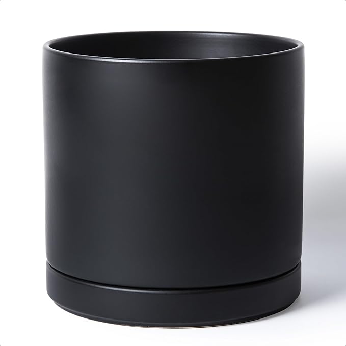 D'vine Dev 12 Inch Ceramic Planter Pot with Drainage Hole and Saucer, Indoor Cylinder Round Planter Pot, Black, 94-O-F-2