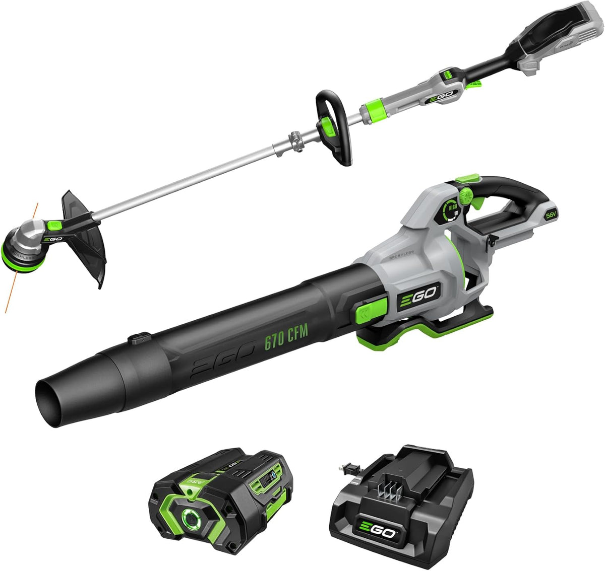 EGO POWER+ Combo, Cordless Trimmer and Blower, 15" Trimmer for Weeds and Grass with POWERLOAD and Cordless Electric 670 CFM Blower, Includes 56V 4.0Ah Battery and Charger - ST6703LB