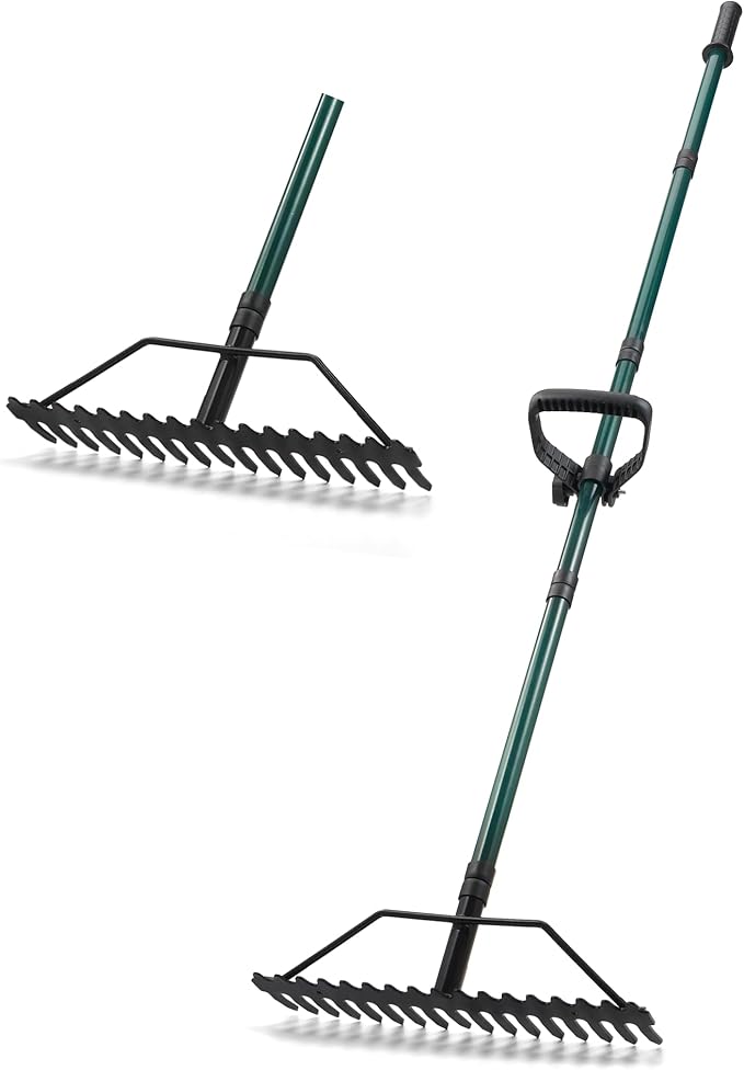 Garden Rake, 17'' Thatch Rake Heavy Duty with 63'' Long Back-Saving Adjustable Handle, Heavy Duty Metal Garden Tool for Loosening Leveling Soil, Gathering Leaves Grass, Weeding
