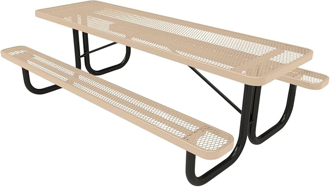 Coated Outdoor Furniture Heavy-Duty Portable Outdoor Picnic Table, Thermoplastic Coated Expanded Metal Commercial-Grade Patio Dining Furniture Made in America (8ft Rectangular, Tan)