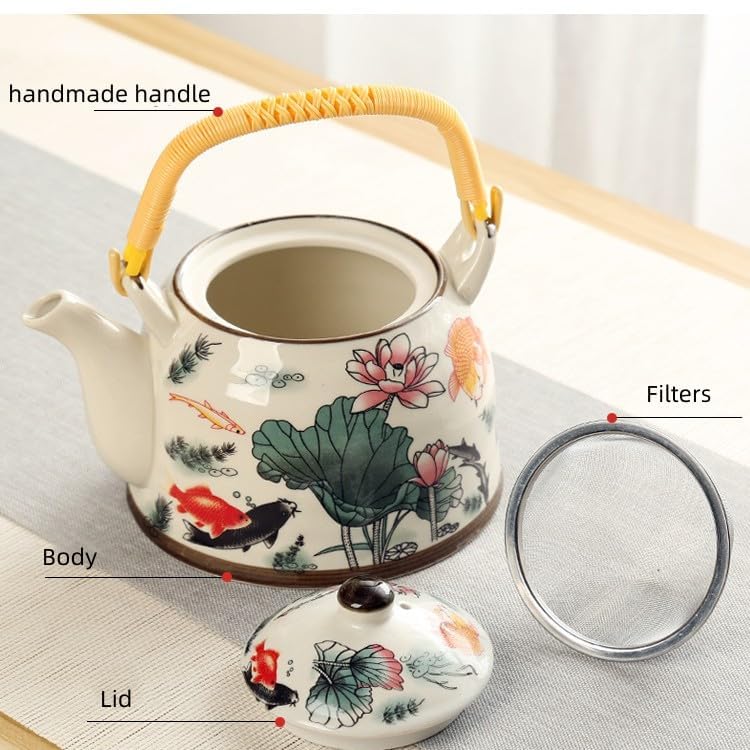 MOZEO 27oz Large Teapot Set Ceramic Tea Maker with Stainless Steel Infuser for Loose Leaf Tea or Bags Tilting Pot Floral Tea Kettle with 6pcs Cups (Lotus)