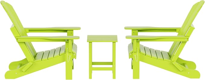 WO Home Furniture Adirondack Chairs Table Set of 3 PCS Outdoor Folding Chairs Side End Table Weather/UV Resistant for Lawn, Garden, Bon Fire, Balcony (Lime)