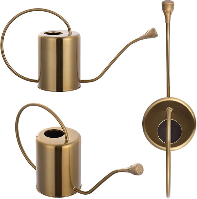 1/2 Gallon 68oz Long Spout Stainless Steel Gold Colored Watering Can for Indoor Plant Watering or Outdoor Gardening with 2 Removable Spray Spout for Flowers, Medium