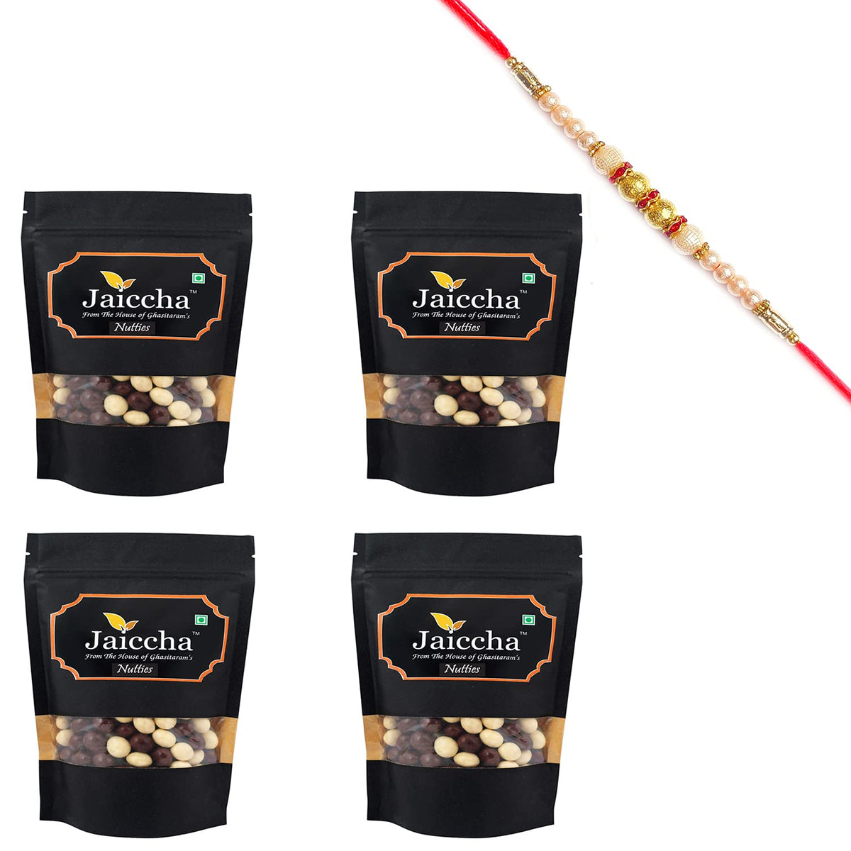 Jaiccha Ghasitaram Rakhi Gifts for Brothers Rakhi Chocolate - Nutties 800 GMS in Black Paper Pouch with Pearl Rakhi