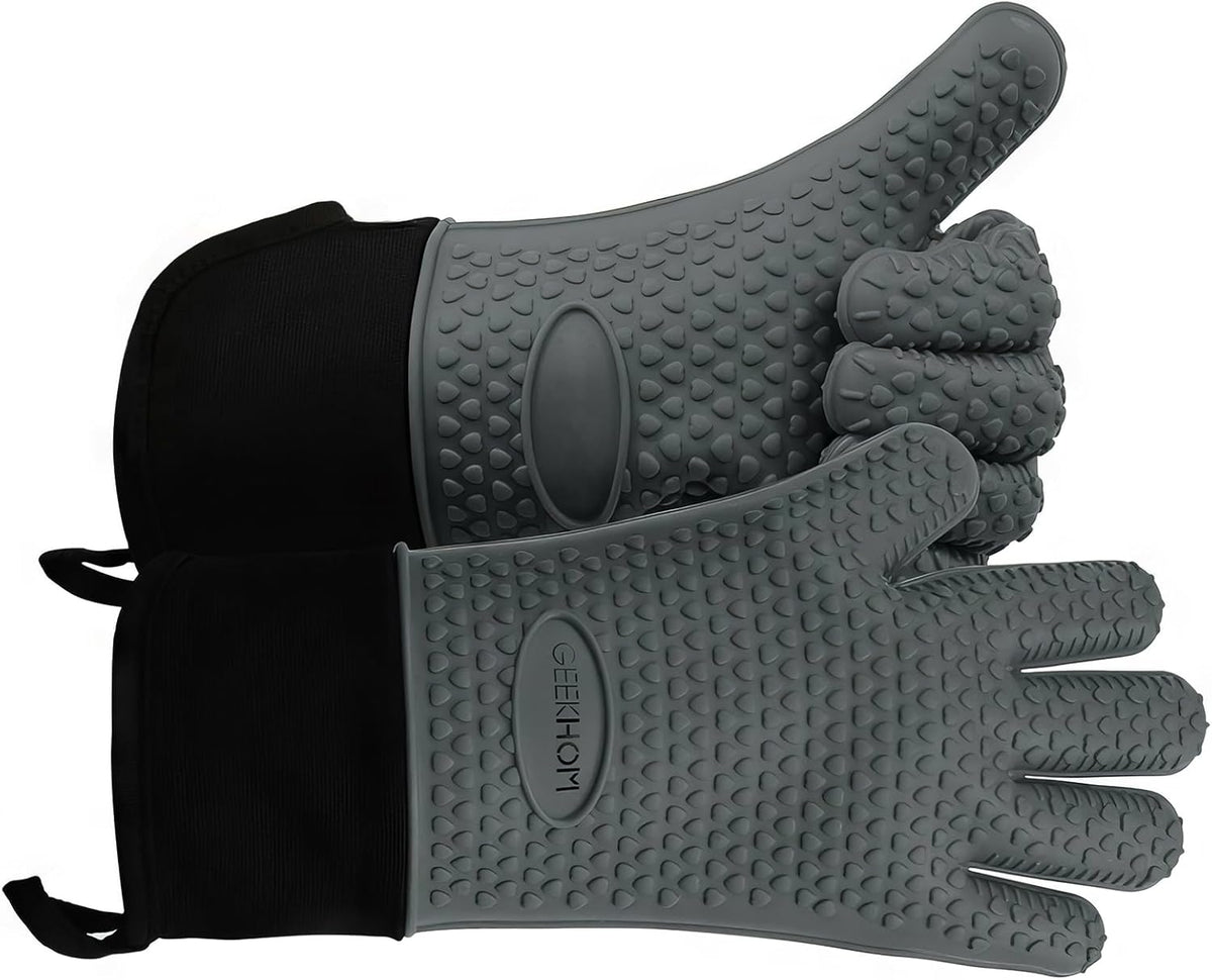 GEEKHOM BBQ Gloves Heat Resistant Oven Mitts - Silicone Grilling Gloves with 14" Long Arm Protection - Waterproof Pot Holder Non-Slip for Men & Women, Kitchen Cooking, Baking, Camping, Gray