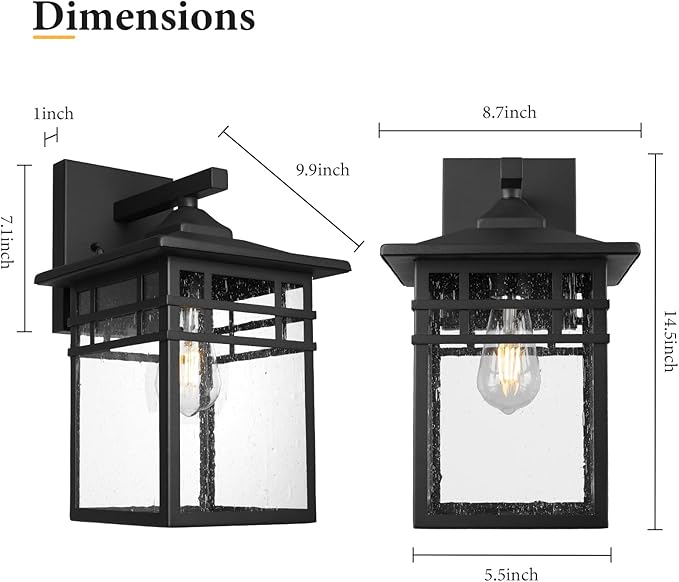 Outdoor Light Fixture Wall Mount, Black Exterior Light Fixture Wall Sconces with Seeded Glass for Front Porch, 9 Inch Large Waterproof Outdoor Square Wall Lantern Outside for House Doorway