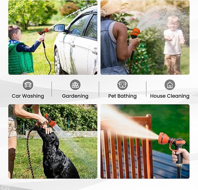 Giraffe Tools Garden Hose 100FT Non-Expandable Lightweight Flexible Water Hoses Burst 600 psi with 9 Spray Function Nozzle Heavy Duty Hose
