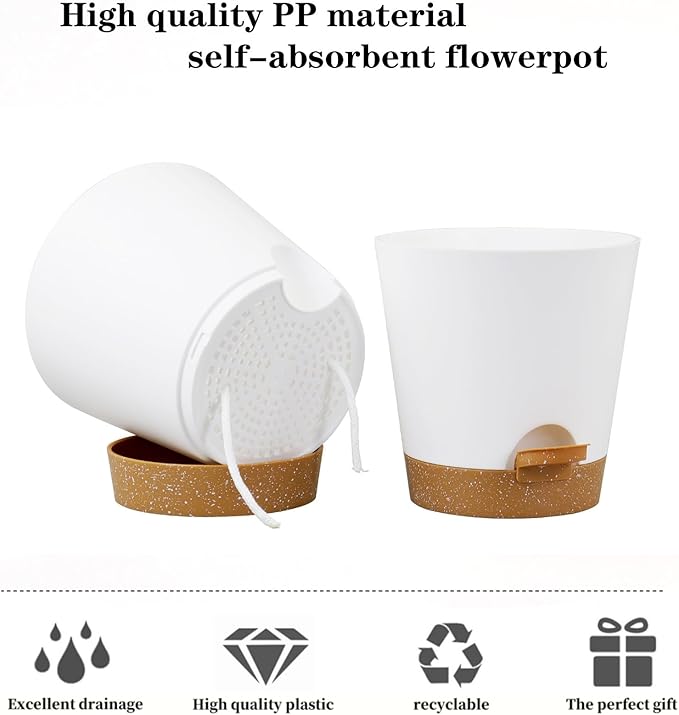 5 Pack 5 inch Self-Watering Pots, African Violets Planter with Drainage Holes and Reservoir, White Brown Plastic Planter for Indoor Outdoor Plants Flowers and Houseplants White Brown, 5 inch 5 pcs