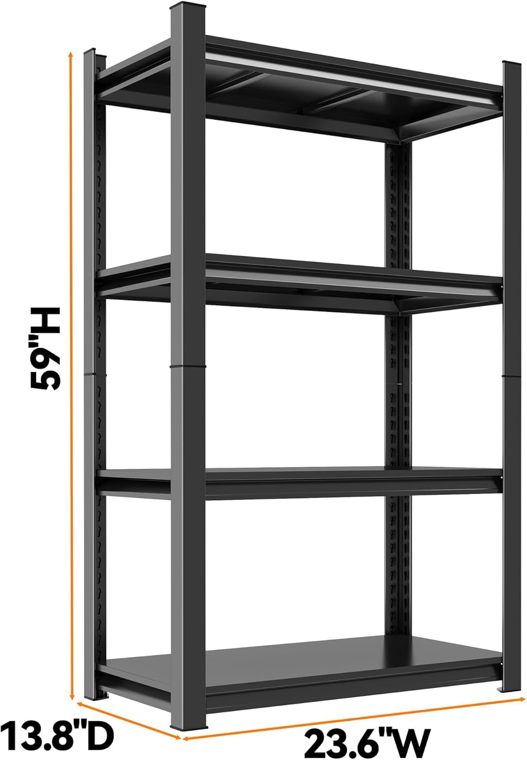 59"H Garage Shelving Heavy Duty Rack, 2400 LBS Large Capacity 4 Tier Adjustable Storage Shelves, Metal Industrial Shelving Units Utility Shelf for Basement and Warehouse, 59"H×23.6"W×13.8"D, Black