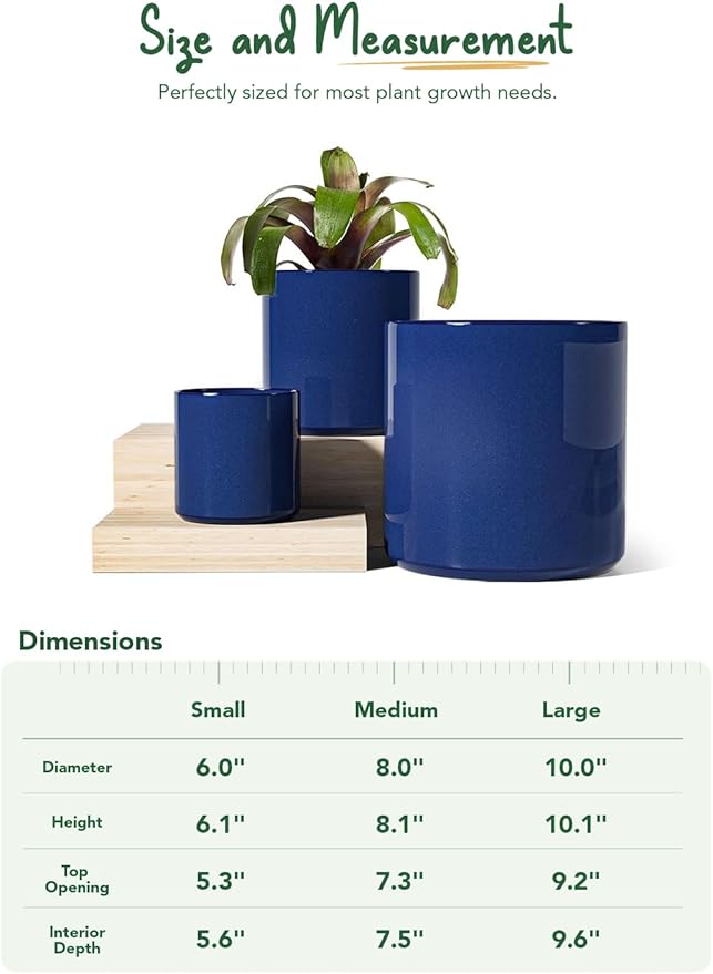 LE TAUCI Ceramic Plant Pots Indoor, 10+8+6 Inch Planters for Indoor Plants, Mid-Century Modern Flower Pots with Drainage Hole and Plug, Cylinder Round Planters, Set of 3, Sapphire Blue