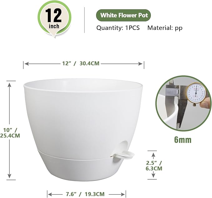 12 inch Large Self Watering Pots for Indoor Outdoor Plants, Plant Pots with Mesh Drainage Holes for Garden House Plants, Plastic Planters with Reservoir for Flower Plants, White