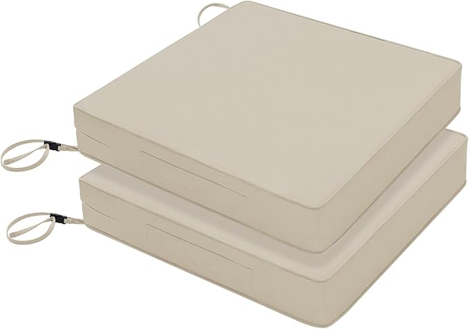 Favoyard Patio Chair Cushions 22 x 22 x 3 Inch Waterproof Outdoor Seat Cushions for Patio Furniture 3-Year Color Fastness Garden Sofa Couch Chair Pads with Handle & Adjustable Straps Set of 2, Beige