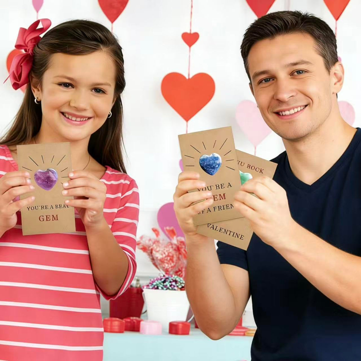 Valentines Day Gifts for Kids - Valentines Cards with Heart-Shaped Crystals (Charms), 24 Pre-packaged Gemstone Valentine's D Perfect for Boys