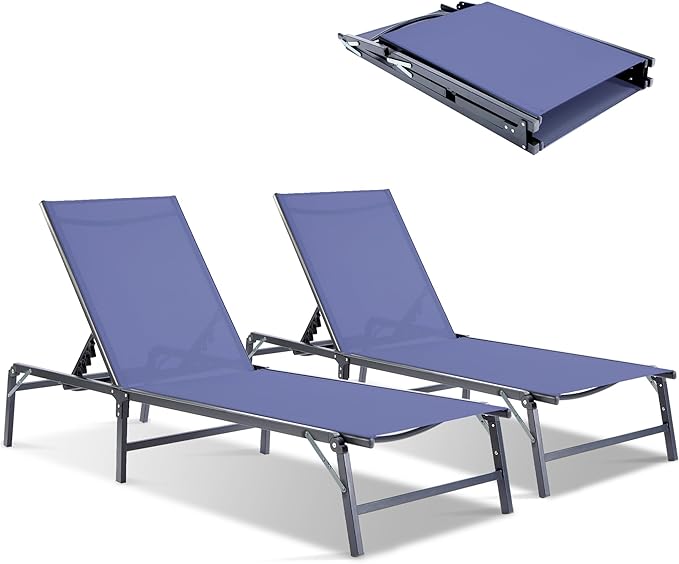 Outdoor Chaise Lounge Chair Set of 2, Foldable & Assemble-Free, 6 Adjustable Positions, Durable Rust-Resistant Frame, Portable Outdoor Pool Lounge Chairs for Pool Patio Beach, Blue