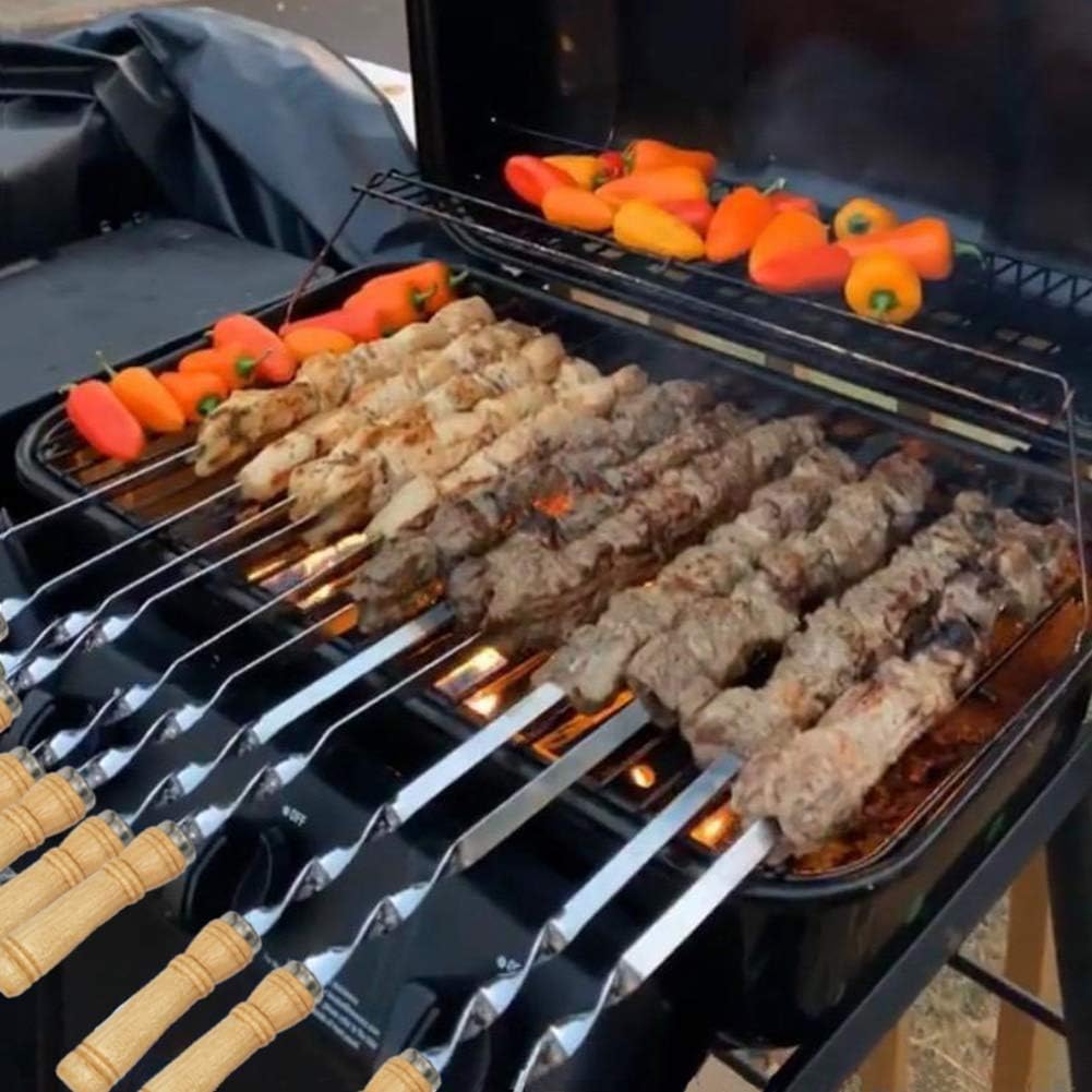 12 Pack Kabob Skewers BBQ Barbecue Skewers Stainless Steel Sticks 23.5 Inch Heavy Duty Large Wide Reusable with Nonslip Wooden Handle Ideal for Shish Kebab Chicken Shrimp and Vegetables
