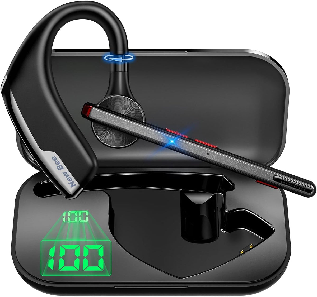 New bee Bluetooth Headset, Wireless Bluetooth Earpiece for Cellphone with 500mah Charging Case 80h Playtime V5.2 Dual Mic Noise Cancelling Hands-Free Earphones for Office Driver