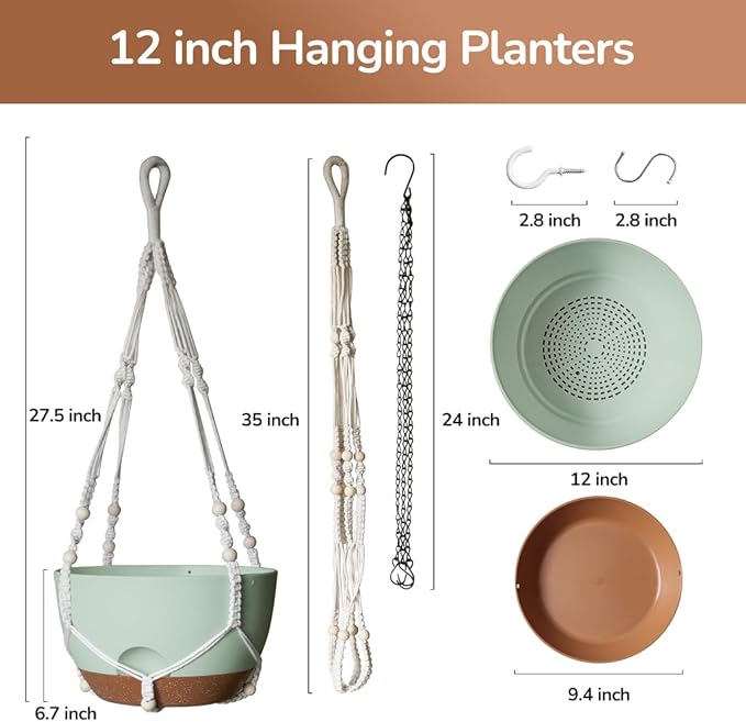 12 Inch Hanging Baskets for Plants Outdoor, Hanging Planters for Indoor Outdoor Plants, Hanging Planter with Self Watering, Hanging Flower Pots (Green Planter with Macrame + Iron Hangers)