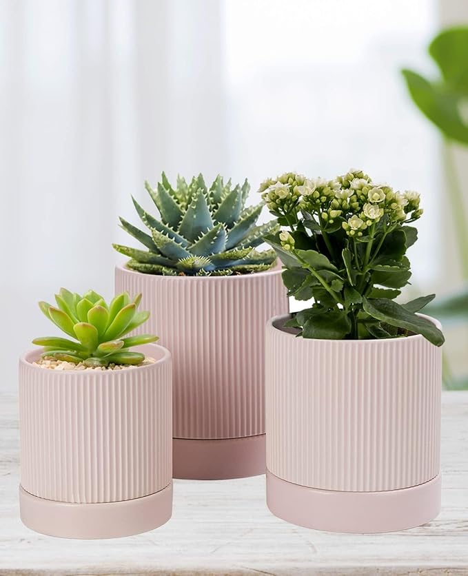 LaDoVita 3 Pack Ceramic Plant Pots 6/5/4 inch, Flowerpot for Indoor Plants with Drainage Holes and Tray, Outdoor Garden Planters, Modern Decorative for Home, Pink Vertical Stripes