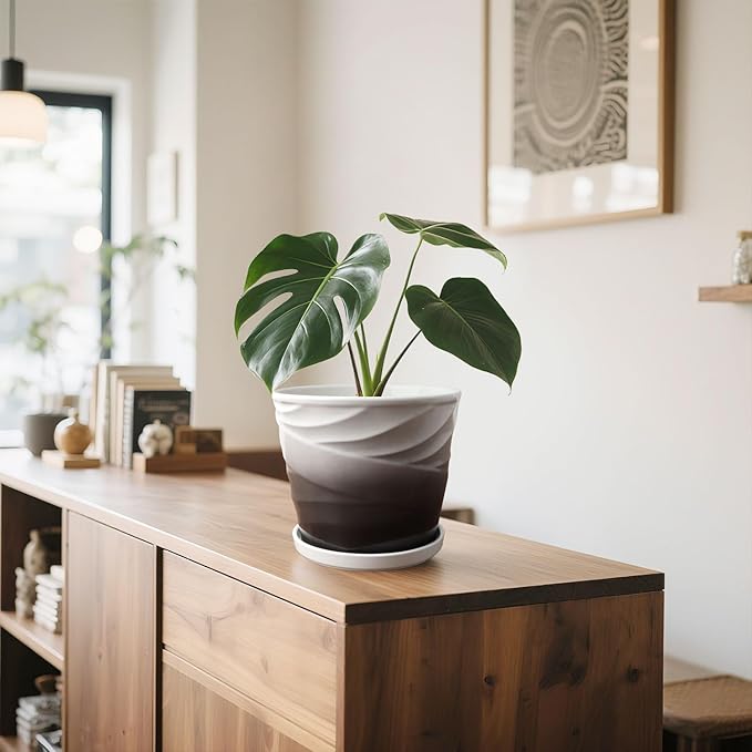 8 Inch Indoor Plant Pot with Drainage Holes and Saucers, Ceramic Planter for Plants, Succulent Orchid Flower Pots(Dark Gray+White)