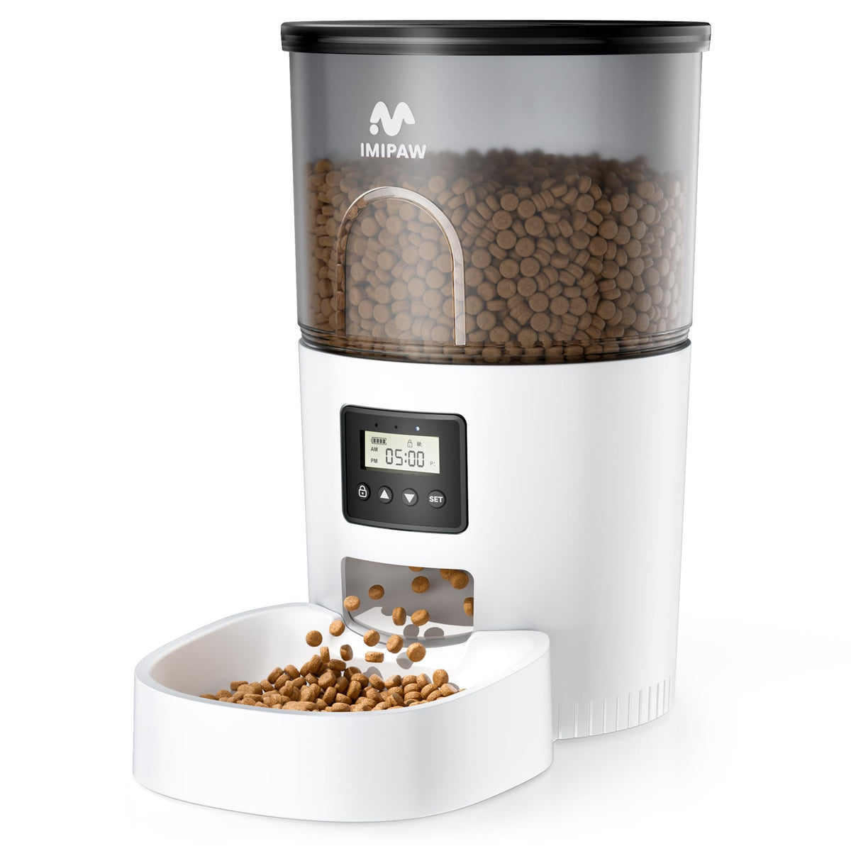 IMIPAW Automatic Cat Feeders, Timed Cat Dry Food Dispenser with Desiccant Bag, Dual Power Supply, Programmable Portion Size, 6 Meals, 20 Portions Per Day, Auto Pet Feeder for Cats and Small Dog, White