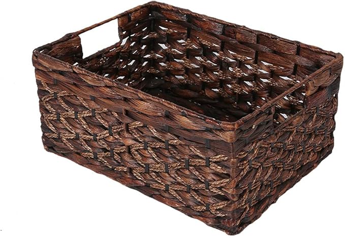 Rectangular Woven Water Hyacinth Basket,Dark Storage Basket With Inside Handle Shelves Kitchen Office Desk (Small)