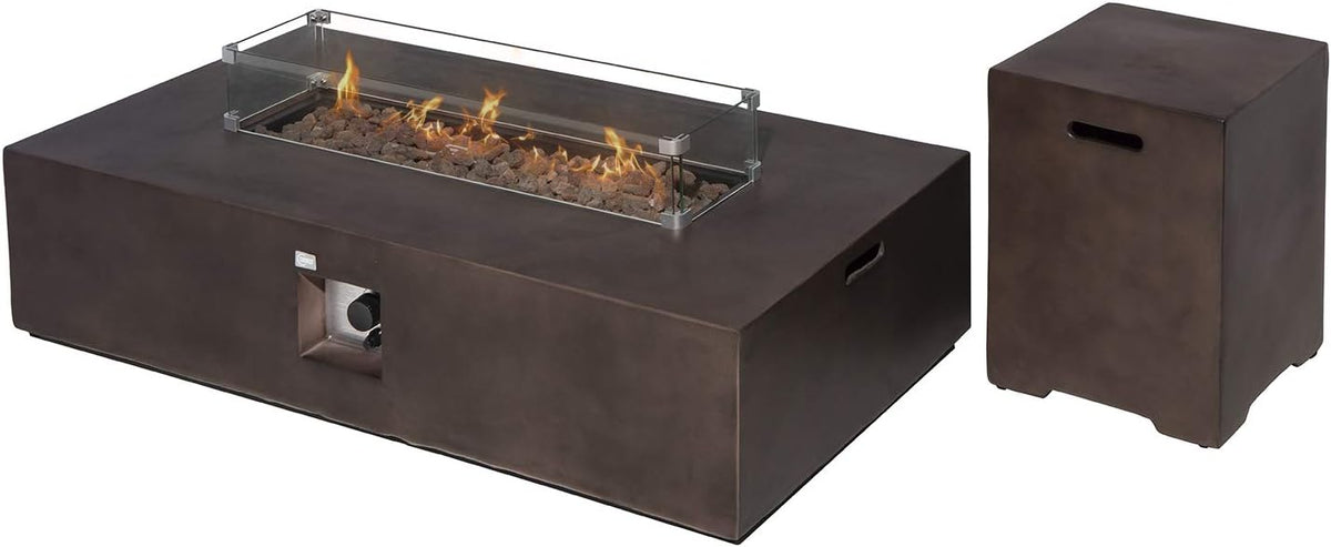 COSIEST 2-Piece Outdoor Propane Fire Table Set, Rectangle Concrete 56" x 28" Bronze Fire Pit (CSA Certified, 50,000 BTU) w 20lb Tank Table, Wind Guard, Waterproof Cover for Garden, Porch, Backyard