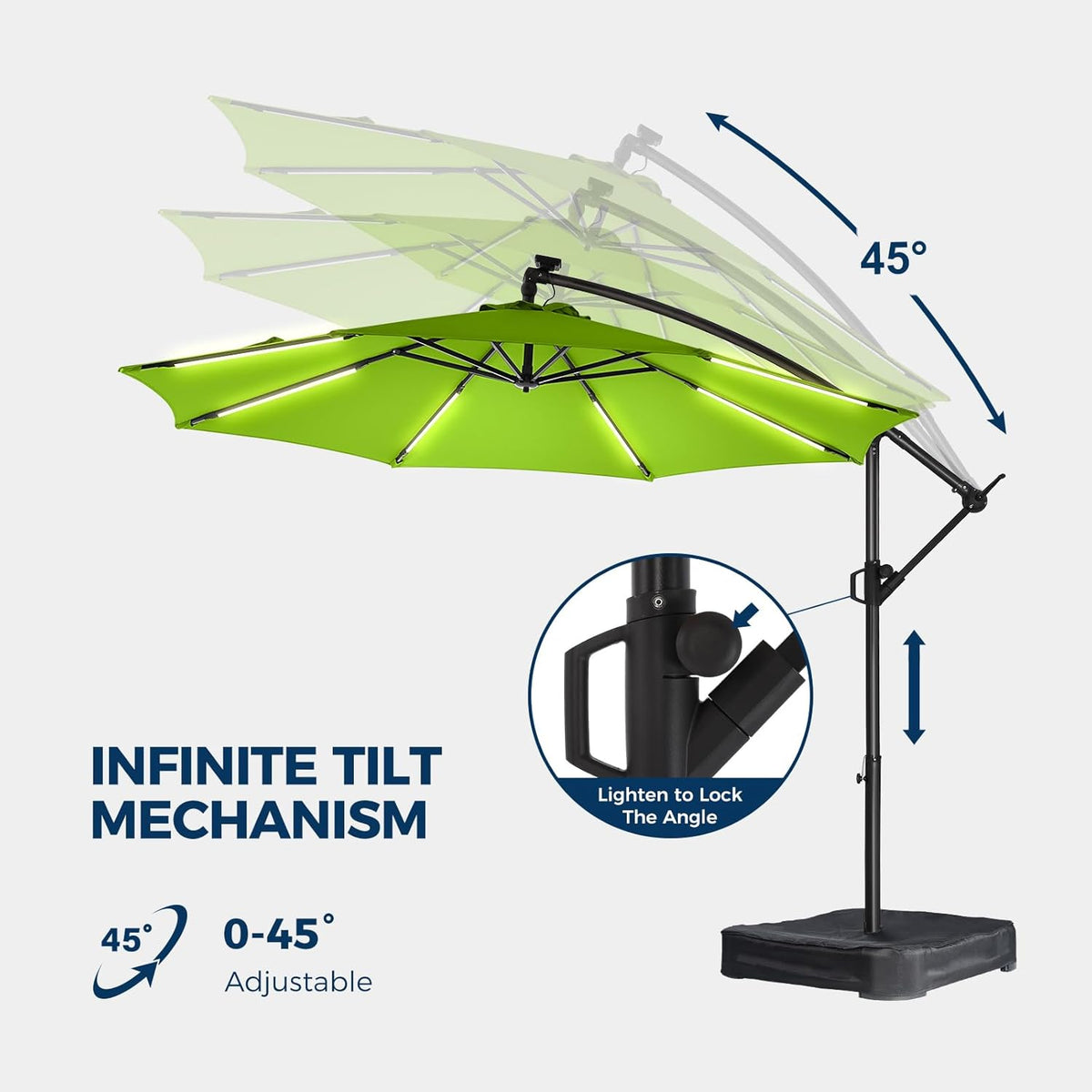 HOMSHADE 10ft Solar Lights Offset Cantilever Patio Umbrella - with Light and Base, LED Lighted Offset Hanging Patio Outdoor Market Umbrella UPF50+ UV Protection with Easy Tilt and Crank (Green)