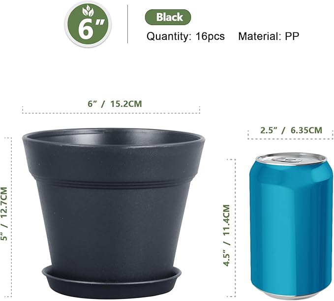 6 inch Nursery Pots, 16 Pack Plastic Plant Pots for Indoor Outdoor Plants, Flower Pots with Drainage Holes and Saucers, Decorative Seedling Starter Planters for House Plants, Black