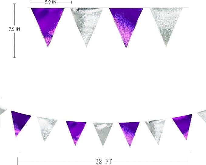 Purple and Silver Party Decorations Triangle Pennant Banner Flag Metallic Fabric Bunting Garland for Birthday Graduation Retirement Bachelorette Wedding Bridal Shower Engagement Disco Party Supplies