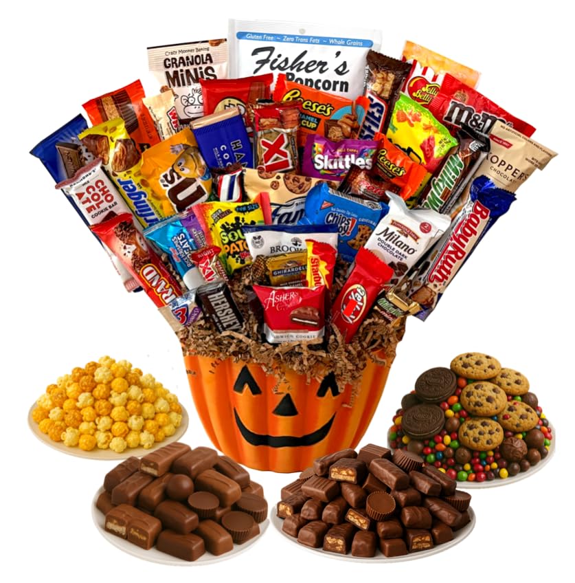 Premium Trick Or Treat Halloween Pumpkin Gift Basket for kids filled with an assortment of the most popular Halloween candy, chocolates, cookies,