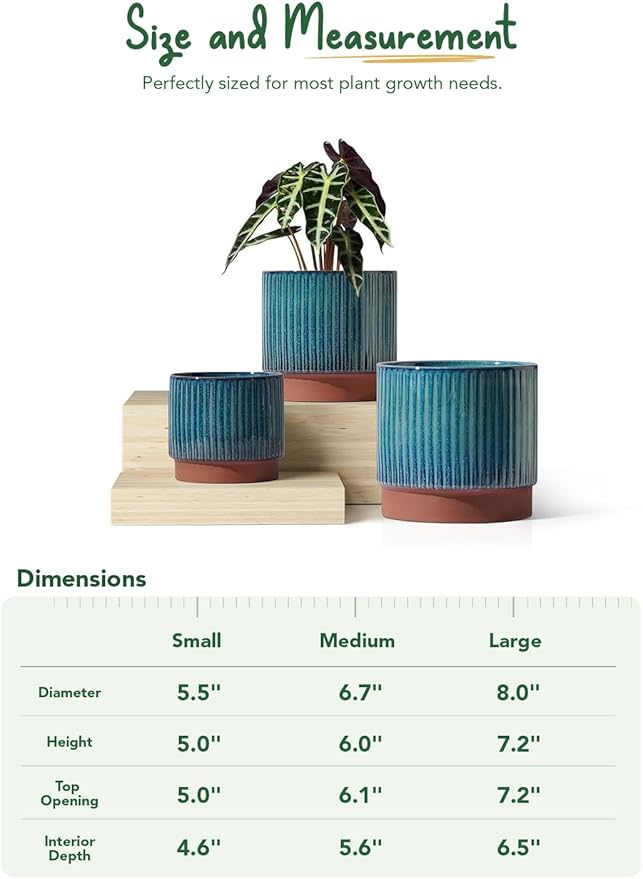 LE TAUCI Ceramic Plant Pots with Drainage Holes, Set of 3, 8+6.7+5.5 Inch Stripe Garden Planter Pots for Outdoor Indoor Plants Flower, Round Succulent Orchid Flower Pot, Reactive Glaze Green