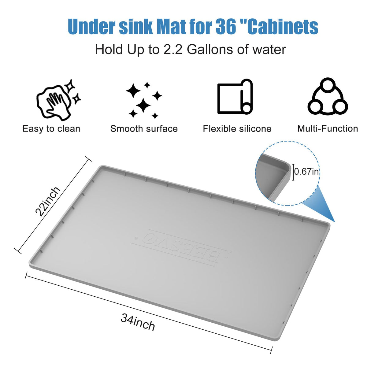 Under Sink Mat for Kitchen Waterproof, 34" x 22" Silicone Under Sink Liner Kitchen & Bathroom Cabinet Protector Mats, Heavy Duty Flexible Under Sink Drip Tray with Lip, Cool Grey