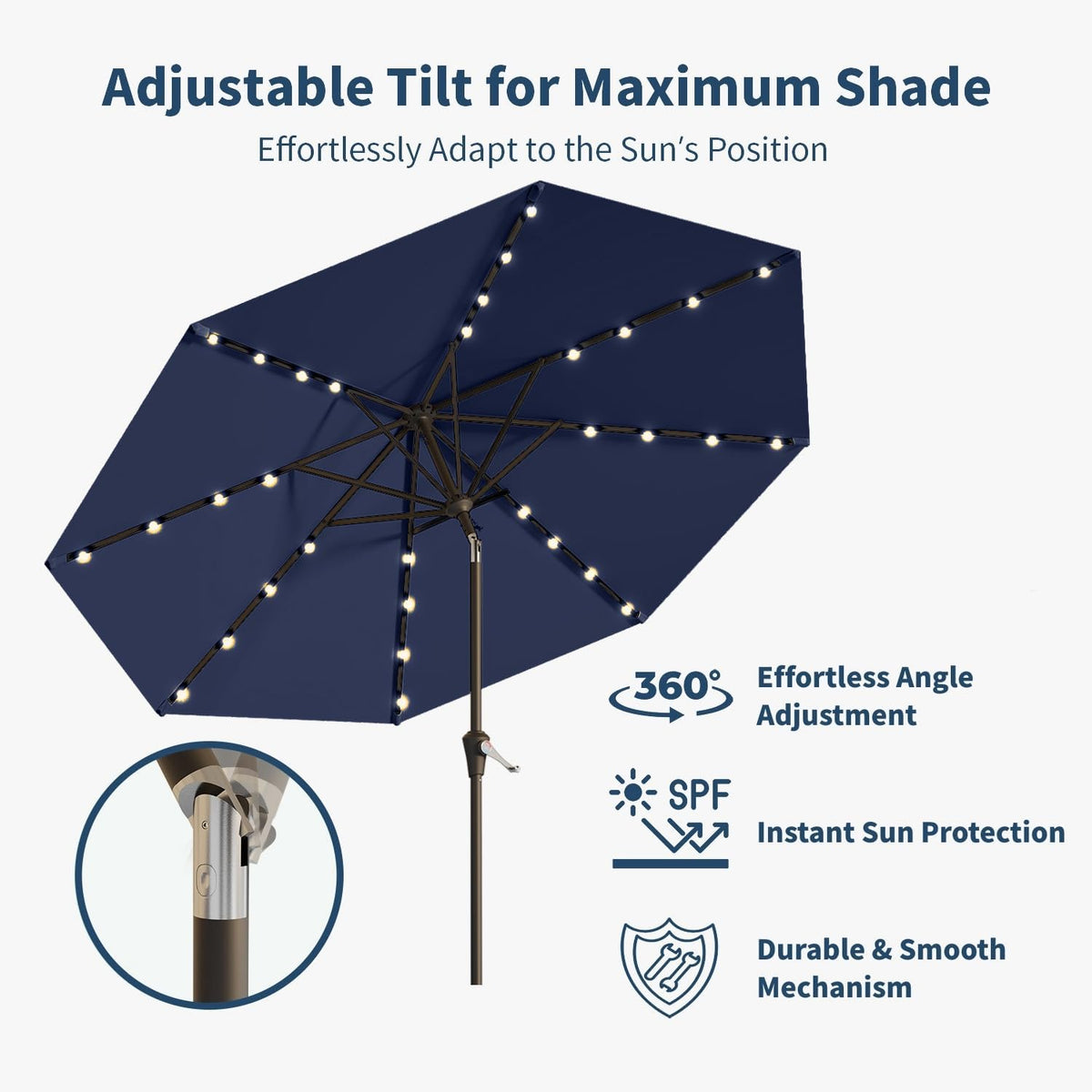 10FT Solar Umbrella 32 LED Lighted Patio Umbrella Table Market Umbrella w/Tilt and Crank, UV-Resistant Outdoor Umbrella for Pool, Garden, Deck, Navy Blue