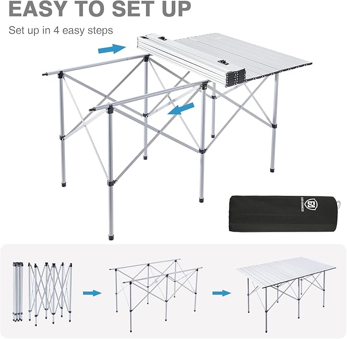 EVER ADVANCED Camping Table, Fold up Lightweight, 4-6 Person Portable Roll up Aluminum Table with Carry Bag for Outdoor, White
