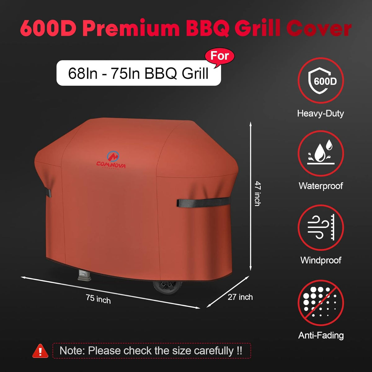 Comnova Grill Cover 75 Inch - 600D BBQ Cover for Outdoor Grill Heavy Duty and Waterproof, Large Barbecue Gas Grill Covers for Weber, Char-Broil, Nexgrill, Monument, Dyna-glo, Brinkmann and More
