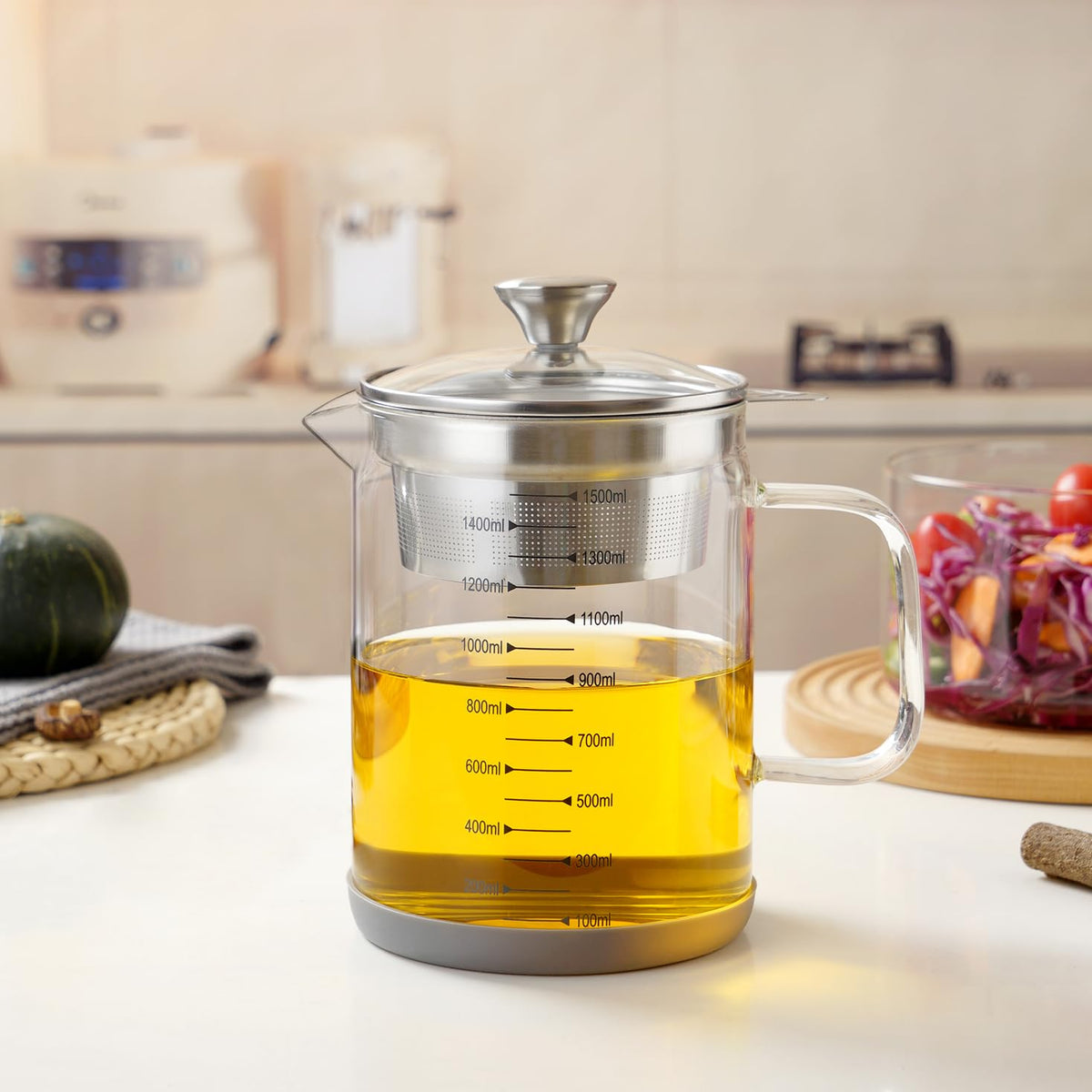 Abdodar 50oz Glass Oil Strainer Container with Fine Mesh Strainer (1.5L)