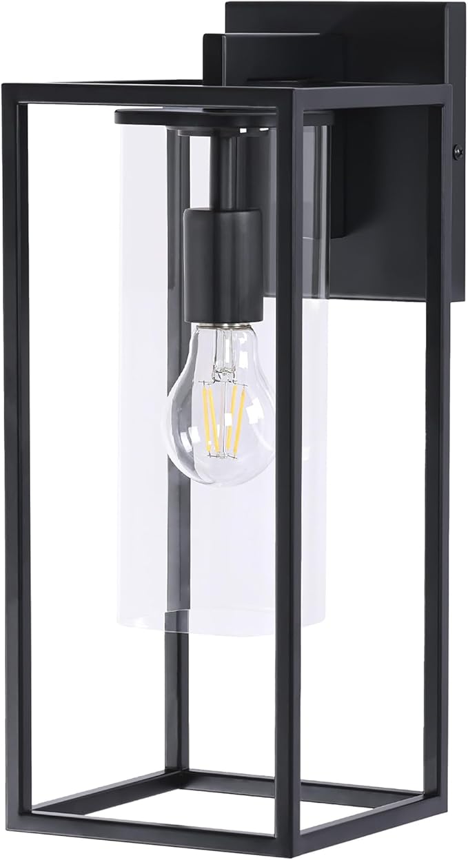 15.7 Inch Outdoor Wall Lights, Black Outdoor Wall Lantern with Square Clear Glass Shade, Waterproof Exterior Lighting Fixtures, Modern Front Porch Lighting for House, Garage, E26 Base, ETL Listed
