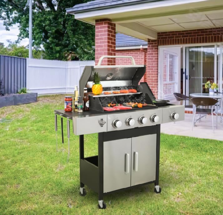 4-Burner Propane Gas BBQ Grill with Side Burner, 46,790 BTU Output, Enameled Cast Iron Grates, Heavy-Duty Stainless Steel Outdoor Grill for Backyard Barbecue