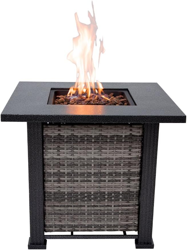 Adana Propane Fire Pit Table 28” Outdoor Firepit 50,000 BTU Firepits for Outside with Lava Rocks and Removable Lid Metal Fire Pit Outdoor Fireplace Propane Fire Pits for Outside CSA Certified