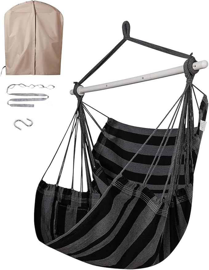 ADVOKAIR Hammock Chair Swing & Cover Set (500 lbs Max) – Hanging Rope Swing for Bedroom, Outdoor, Patio, Porch with Sturdy Steel Bar & Anti-Slip Rings + All-Weather Rain Cover for Storage Protection