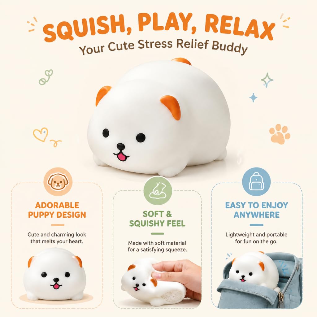 Crunchy Puppy Squishies ASMR Toy, Soft Silicone Desk Accessory, Bead-Filled