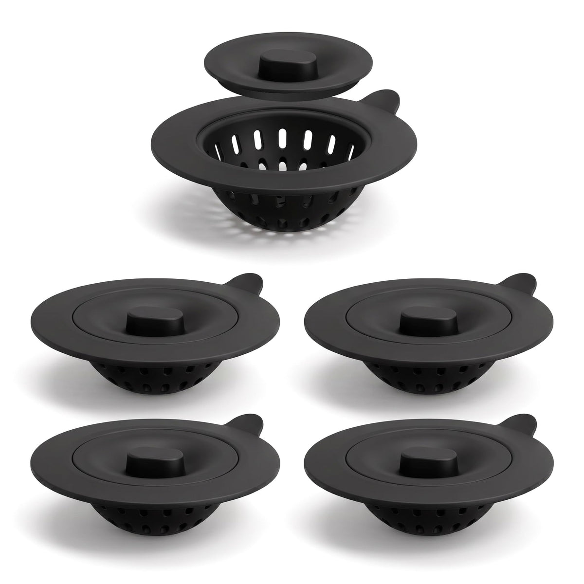 4 Pack Silicone Kitchen Sink Drain Catcher with Lid, 4.4" Top / 3" Mesh Basket, Grey Strainers for 3.1–3.9 Inch Openings, Anti-Clog Reusable Sink Stopper Covers, Odor-Proof & Easy to Clean-Black