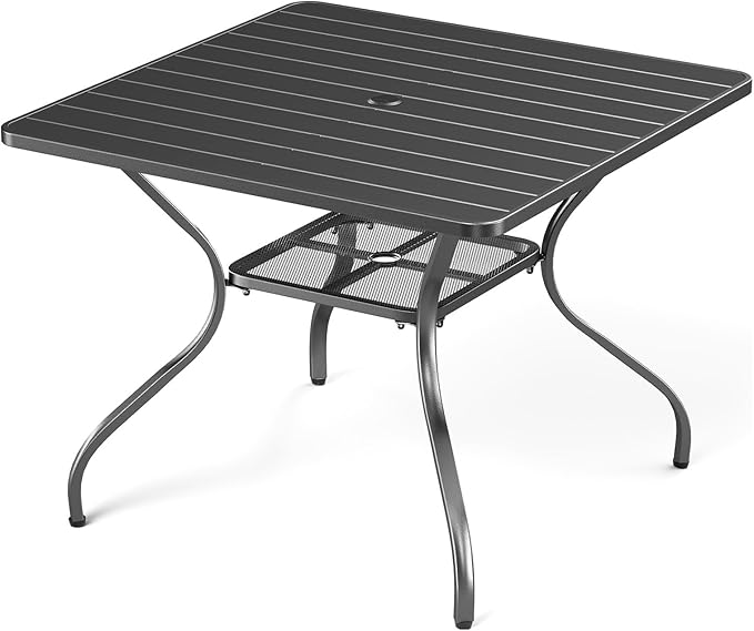 Patio Tables Outdoor Dining Table - Metal Coffee Tables with 2-Tier Storage Shelf 1.57" Umbrella Hole for Outside Proch Deck Balcony Garden Rectangle