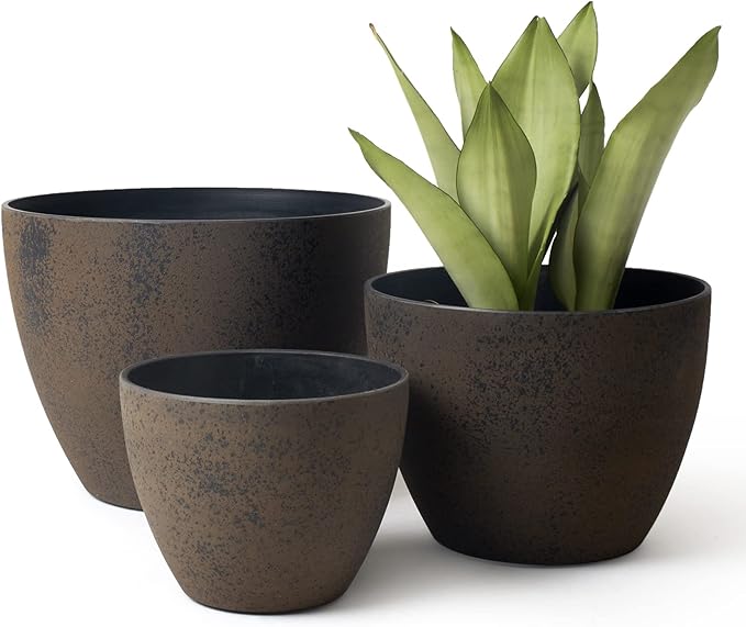 LA JOLIE MUSE 14.2/11.3/8.6 Inch Large Planters,Indoor/Outdoor Round Planters Set of 3,New Iron Plant Container with Drain Holes,Tree Flower Plant Pots for Patio and Deck