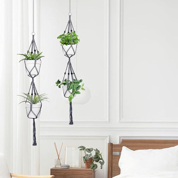 Belit 2 Pack Double Macrame Plant Hangers 2 Tier Hanging Planter Basket Decorative Flower Pot Holder Rope for Indoor Outdoor Home Decor 51 Inch, Grey