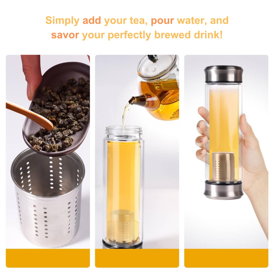 Double Wall Glass Tea Bottle with Infuser - Loose Leaf Tea Steeper, Insulated Cup, Fruit Brewer, Glass Mug With Double Lids - Portable Brewer - Water Infuser Bottle - 13.5 & 10 oz (13.5 oz)