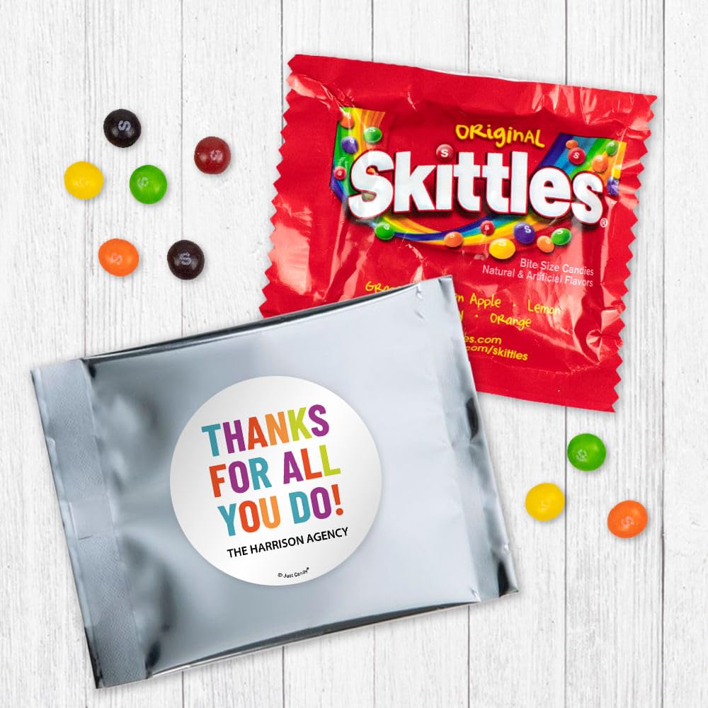 12 Pack Thanks For All You Do Personalized Candy Favor Bags Filled With Coated Fruit Chew Minis For Corporate Favors, Event Giveaways, Thank You Gifts